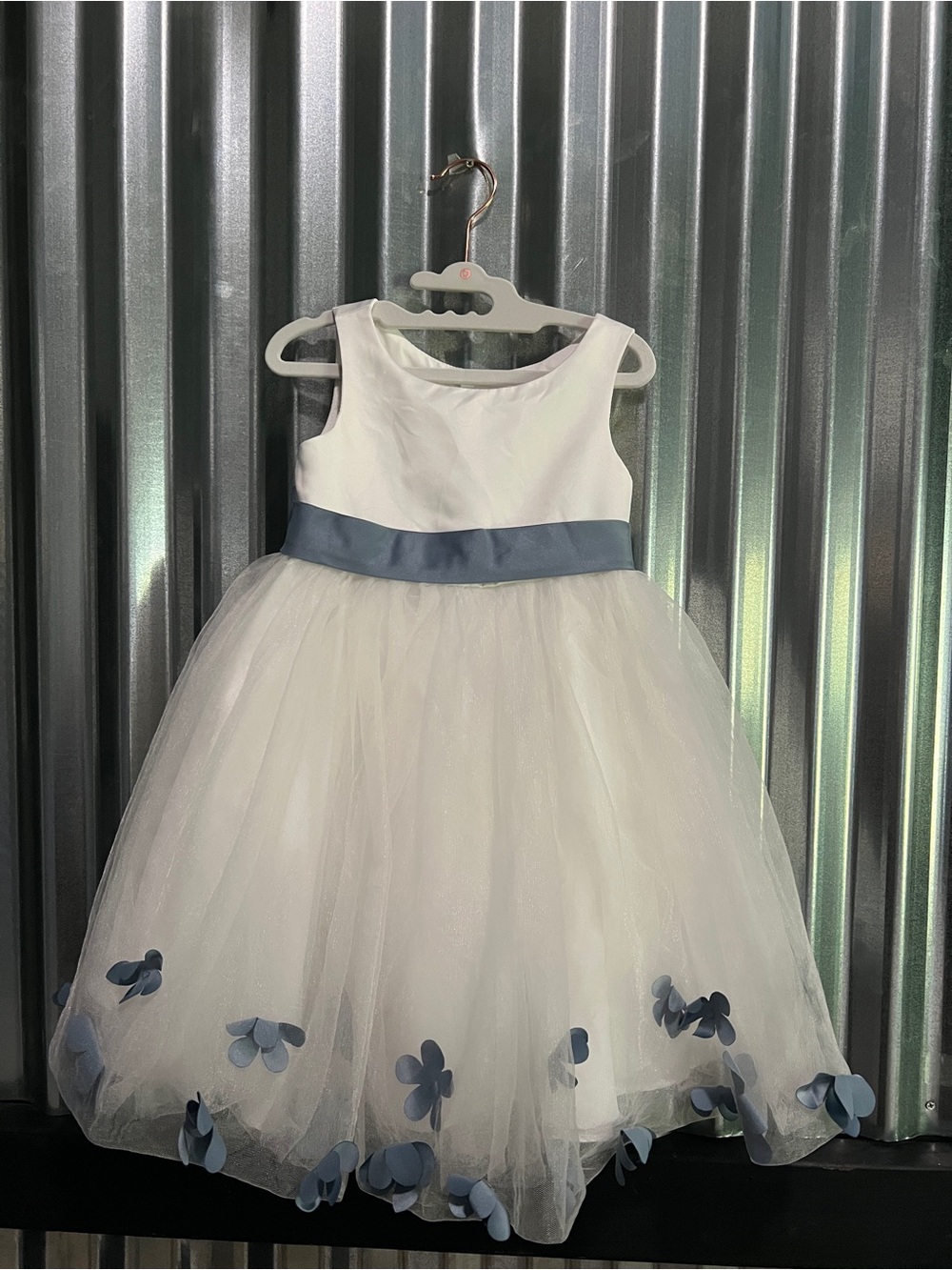 Azazie White Tulle Flower Girl Dress with Dusty Blue Sash and Bow